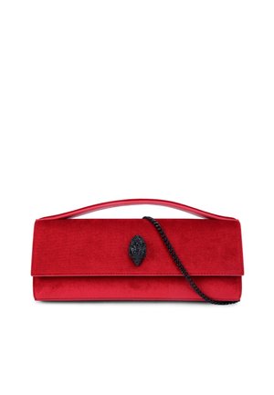 Red suede clutch with a black ornate clasp and detachable chain strap. Rectangular shape with a smooth texture and clean lines.