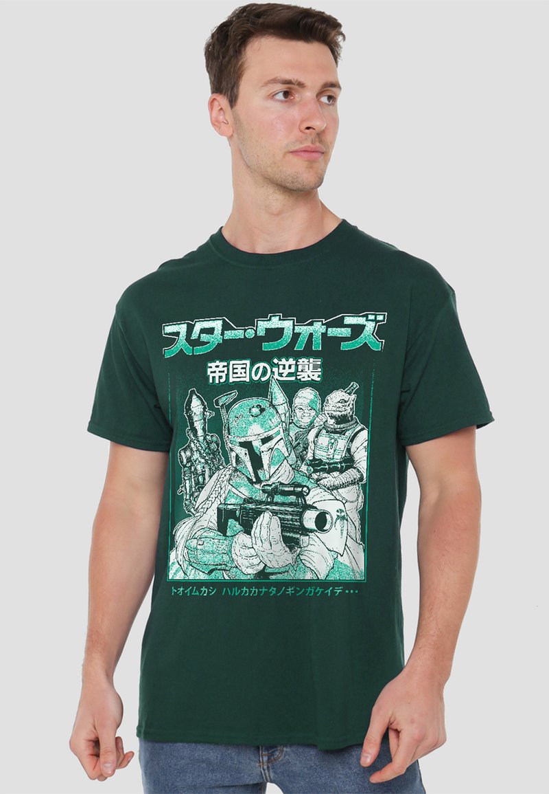 Dark green cotton t-shirt featuring a graphic print of Star Wars characters in teal with Japanese text, round neckline, and short sleeves.