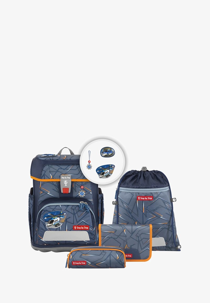 Marineblaue Rucksackset mit Hubschraubergrafiken, orangefarbenen Akzenten, strukturiertem Material, umfasst einen Rucksack, einen Beutel mit Kordelzug, eine Federtasche und ein Portemonnaie.