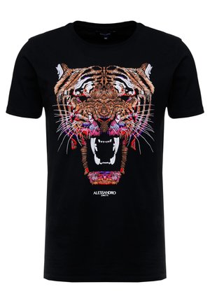 Black T-shirt with a large detailed embroidered roaring tiger face in orange, white, pink, and red tones on the front.