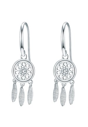 Orecchini in argento con un design a forma di cerchio ispirato ai dreamcatcher, arricchiti da un dettaglio floreale e tre ciondoli a forma di piuma sospesi. Finitura liscia e lucida.