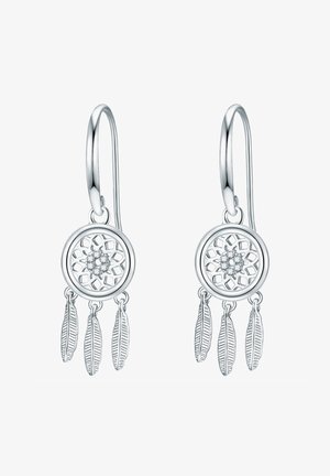 Pendientes de plata con un diseño circular de atrapasueños que incluye un detalle floral y tres encantos de plumas colgantes. Acabado liso y pulido.