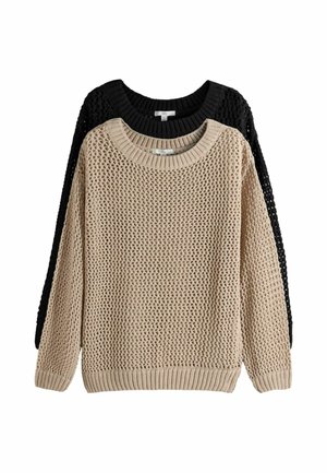 Zwei langärmlige, gestrickte Pullover mit offenem Gewebemuster, einer beige vorne und einer schwarz dahinter, auf weißem Hintergrund dargestellt.