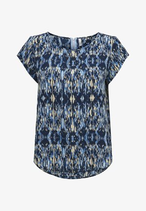 Blauw en crème top met patroon, korte mouwen, ronde halslijn en een vloeiend ontwerp. De stof lijkt zacht te zijn met een gestructureerde afwerking.