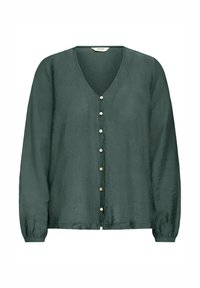Tume roheline pikad varrukad blouse V-kaeluse ja rida väikeseid ümmarguseid nuppe ees.