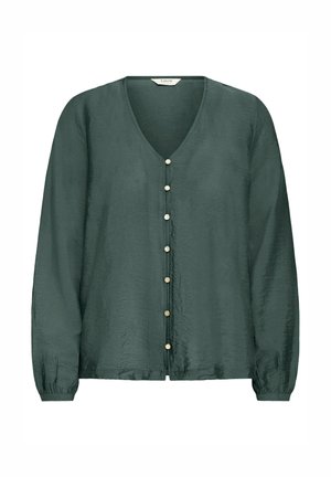 Tume roheline pikad varrukad blouse V-kaeluse ja rida väikeseid ümmarguseid nuppe ees.