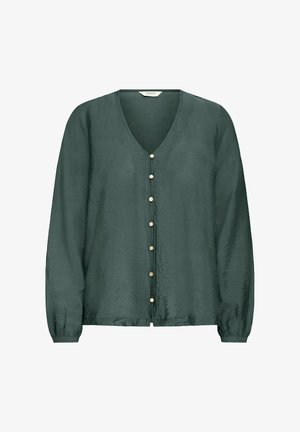 Sötétzöld, hosszú ujjú blúz V-nyakkal, az elején pedig egy sor kis kerek gomb található.