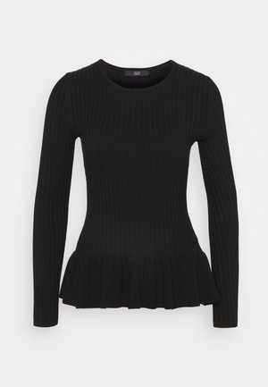 Haut noir à manches longues en tissu côtelé avec un corsage ajusté et un bas peplum évasé, doté d'un col rond.