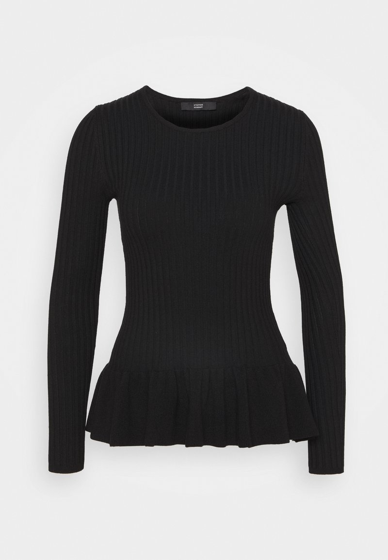 Haut noir à manches longues en tissu côtelé avec un corsage ajusté et un bas peplum évasé, doté d'un col rond.