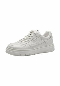 White leather sneaker with a smooth texture, perforated toe, and raised rubber sole. Features flat laces and subtle branding on the side.