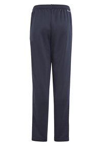 Pantalones deportivos azul marino confeccionados en tejido ligero, con una cinturilla elástica y un corte recto; sin bolsillos ni acentos notables.