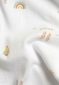 White fabric featuring a playful pattern of small orange carrots, yellow ice cream cones, and green rainbows in soft pastel colors.