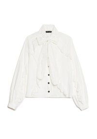 Blusa branca de mangas compridas com acabamento em renda, colarinho com laço e pequenos botões florais pretos na frente.