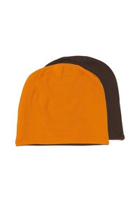 Two beanies, one orange and one brown. Both made of soft, stretchy fabric with a simple, seamless design and rounded top.