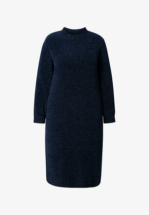 Marineblaues Strickkleid mit langen Ärmeln, hohem Kragen und gerippten Bündchen; bietet einen lockeren Schnitt und eine weichere Textur, geeignet für die Freizeit.