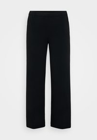 Pantalones negros de pierna recta con cintura elástica, sin bolsillos visibles ni adornos, exhibidos sobre un fondo claro y liso.