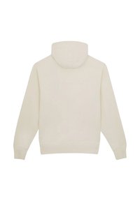 Sudadera con capucha de color crema claro, de mangas largas, con puños y dobladillo acanalados, y un tejido texturizado. Diseño minimalista sin logotipos visibles.