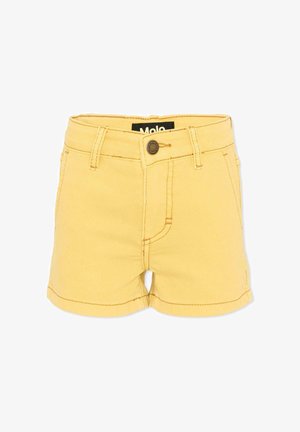 Shorts di jeans gialli con passanti per cintura, chiusura frontale con bottoni e cuciture visibili su sfondo bianco.