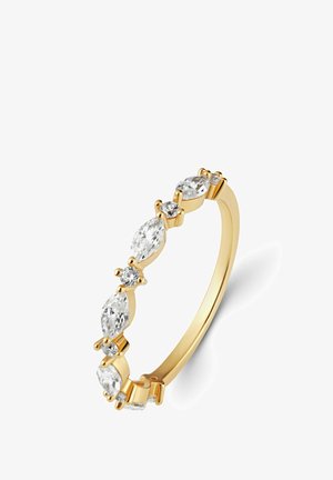 Bague en or ornée de pierres claires en marquise et rondes alternativement, présentant une finition polie avec des griffes pour les pierres.