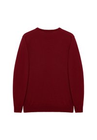 Bordowy sweter dzianinowy z okrągłym dekoltem, długimi rękawami oraz ściągaczami przy mankietach i dolnej krawędzi. Gładka faktura bez widocznych wzorów czy akcesoriów.