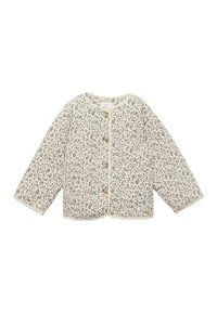 Steppjacke in Creme mit einem kleinen Blumenmuster. Hat einen runden Ausschnitt, lange Ärmel und vier Holzknöpfe. Enthält Seitentaschen.