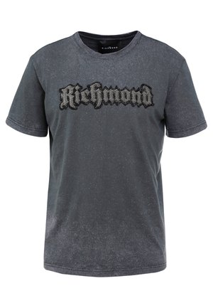Harmaan t-paita, jossa on pyöreä pääntie ja jossa on edessä teksturoitu musta "Richmond"-logo. Kangas on hienovaraisella pilkullisella kuviolla.