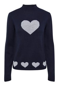 Pull en maille bleu marine avec un grand motif de cœur blanc sur la poitrine et de petits cœurs blancs le long de l'ourlet. Col montant et manches longues.