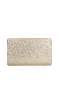 Pochette en paillettes dorées de forme rectangulaire, avec une texture lisse et un éclat métallique. Présente un rabat et aucun matériel visible.