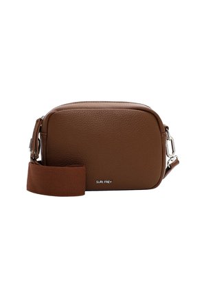 Sac en cuir marron à bandoulière avec une surface texturée, fermeture éclair et une sangle détachable. Présente un logo discret à l'avant.