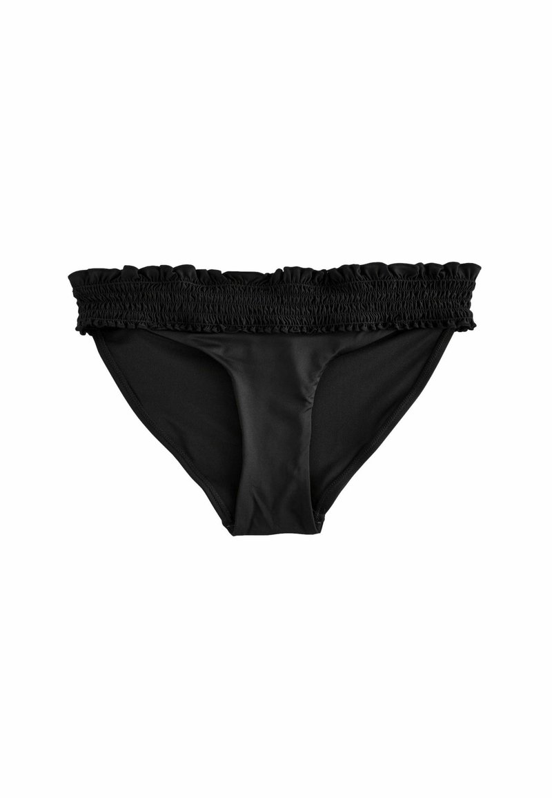 Bas de bikini noir avec une taille froncée et un ourlet plissé. Confectionné en tissu lisse, il possède une coupe classique et un design minimaliste.
