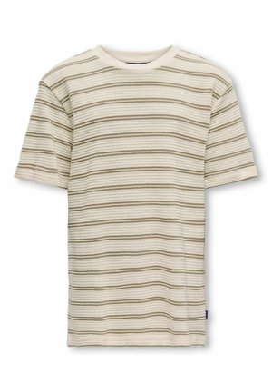 Maglietta a maniche corte in maglia con righe orizzontali crema e marrone chiaro, con scollo rotondo.