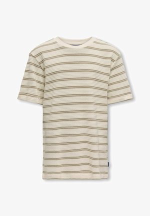 Maglietta a maniche corte in maglia con righe orizzontali crema e marrone chiaro, con scollo rotondo.