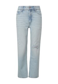 Jeans in denim azzurro chiaro con gamba dritta, caratterizzati da aree strappate sopra le ginocchia e chiusura con bottone in vita.