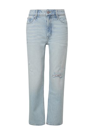 Light blue denim jeans with a straight leg, featuring distressed areas above the knees and a button closure at the waist.
