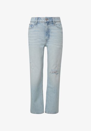 Light blue denim jeans with a straight leg, featuring distressed areas above the knees and a button closure at the waist.