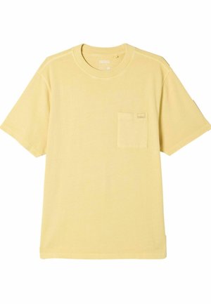 Light yellow short-sleeve crew neck t-shirt with a left chest pocket and a small rectangular logo above the pocket.