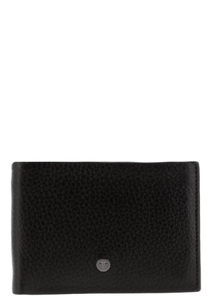 Sort læderpung med en struktureret overflade, rektangulær form og en lille sølvlogo-detalje på forsiden.