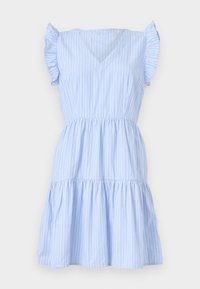 Hellblau gestreiftes Kleid mit kurzen Rüschensäumen, V-Ausschnitt und gestuftem Rock. Hergestellt aus weichem Stoff mit glatter Textur.