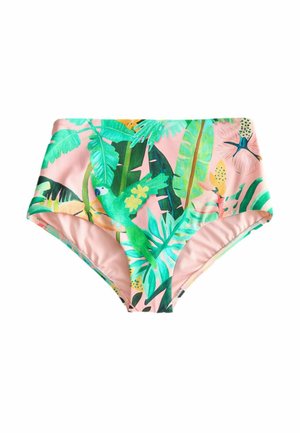 Slip bikini a vita alta con sfondo rosa, foglie tropicali verdi, fiori colorati e stampa di un pappagallo verde.