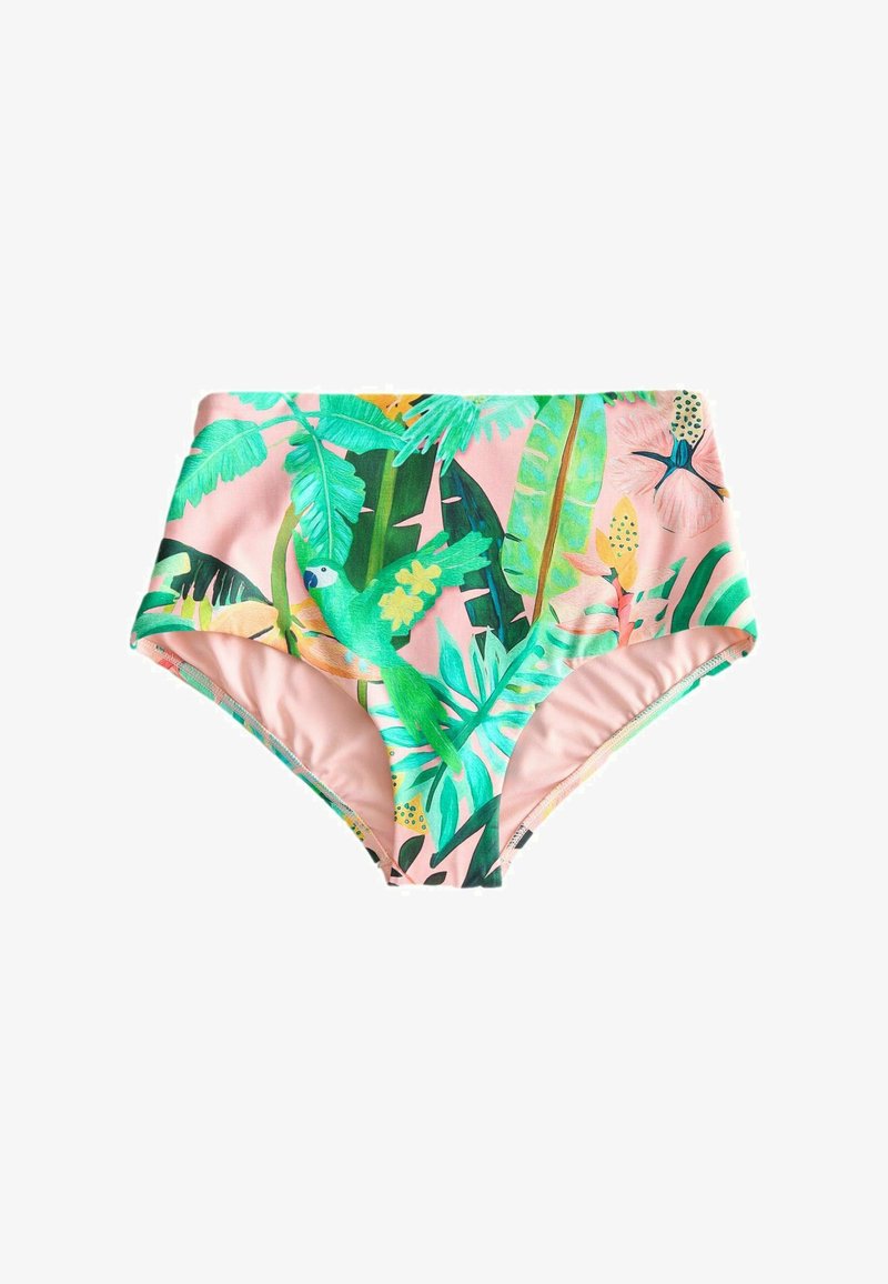 Bas de bikini taille haute avec un fond rose, des feuilles tropicales vertes, des fleurs colorées et un imprimé perroquet vert.