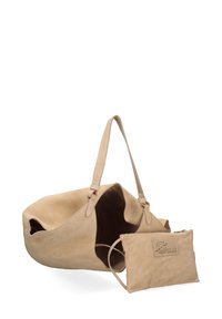 Beige lederen handbag met een zachte, textuurafwerking, met een eenvoudig ontwerp en een afneembare pouch met een rits. Twee stevige handvatten.