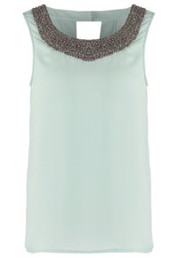 Un top senza maniche di colore verde menta con un collo decorato con perline, accenti luccicanti e un dettaglio a chiave sulla schiena. Tessuto morbido, vestibilità comoda.