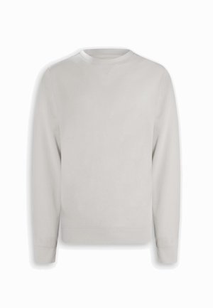 Felpa grigia chiaro a maniche lunghe con scollo rotondo, polsini e orlo a costine, mostrata distesa su sfondo bianco.