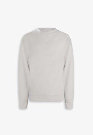 Bluză gri deschis cu mâneci lungi și guler rotund, cu manșete și tiv striate, așezată plat pe un fundal alb.