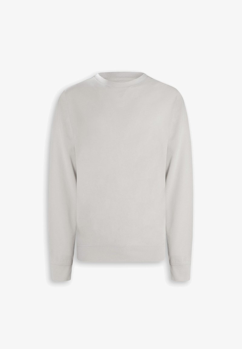 Sweat-shirt gris clair à manches longues avec col rond, bordé de côtes aux poignets et à l'ourlet, présenté à plat sur un fond blanc.