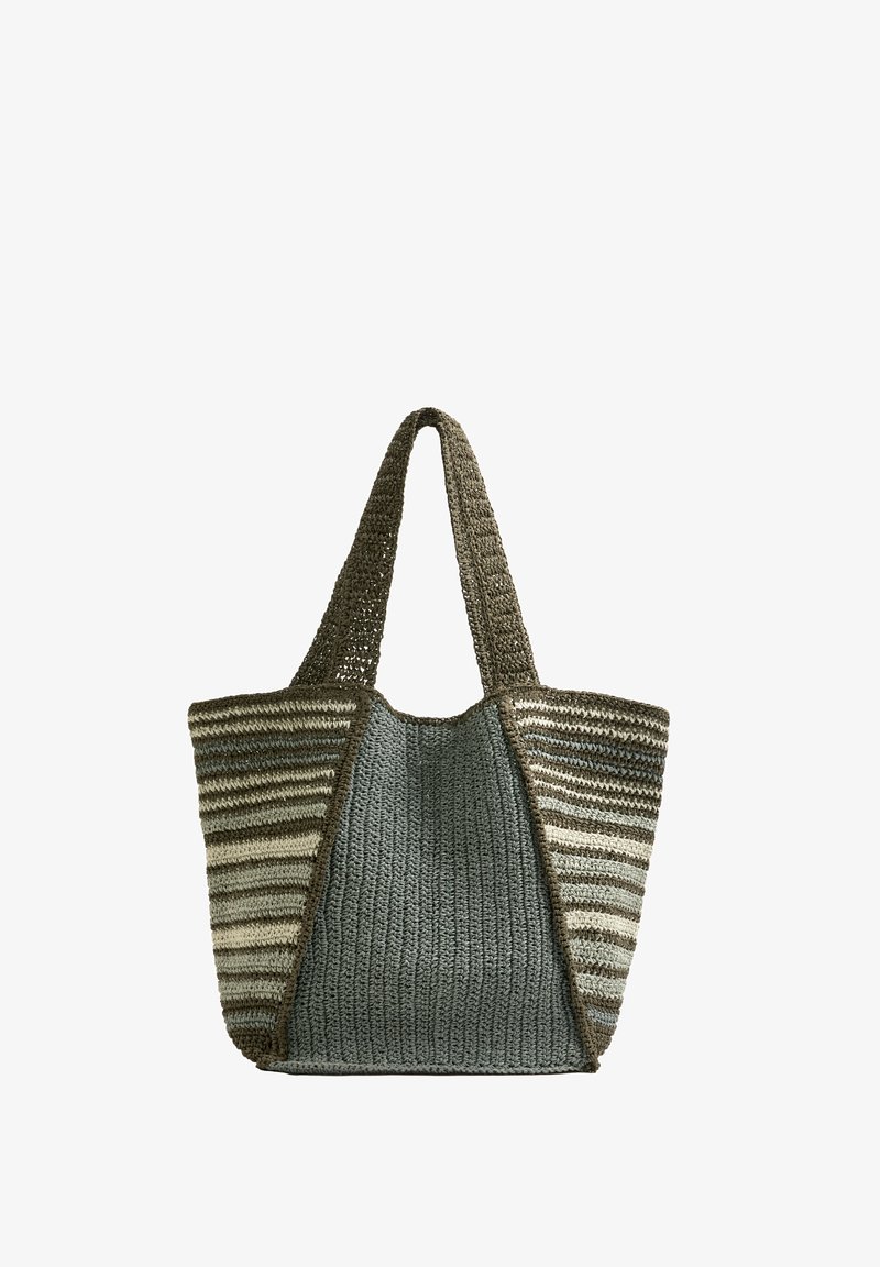 Szövet táska csíkos mintával zöld és bézs árnyalatokban, texturált fonallal és két erős füllel.
