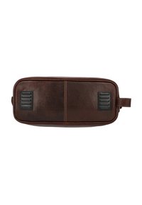 Brown leather toiletry bag with a smooth texture, black rubber accents, zip closure, and stitched details along the center seam.