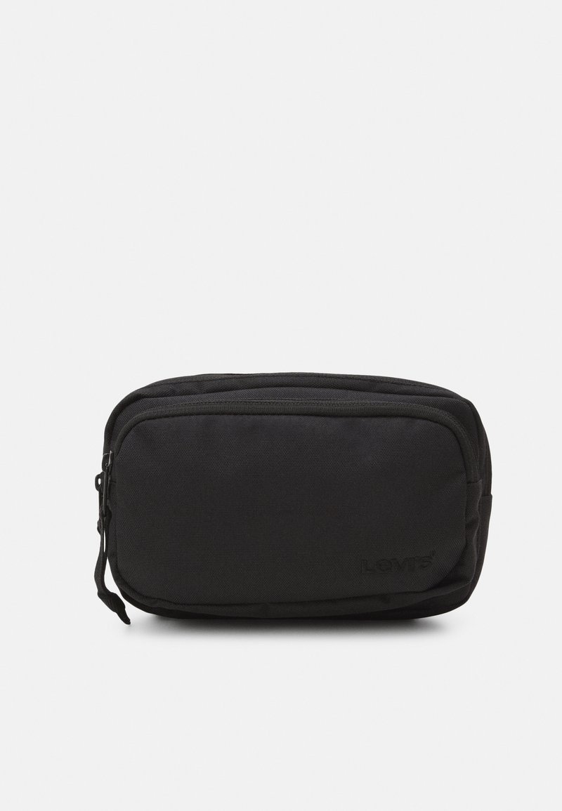 Trousse rectangulaire noire zippée avec deux compartiments et languettes en tissu, design simple sur fond blanc.