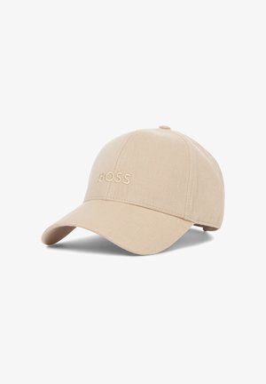 Casquette beige en tissu texturé, avec un logo "BOSS" brodé sur le devant, une visière courbée et une conception classique à six panneaux.