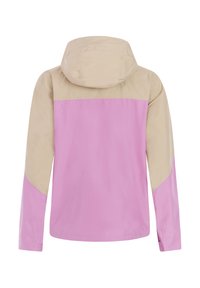 Beige og lyserød hættejakke set bagfra med lange ærmer og farveblokdesign.